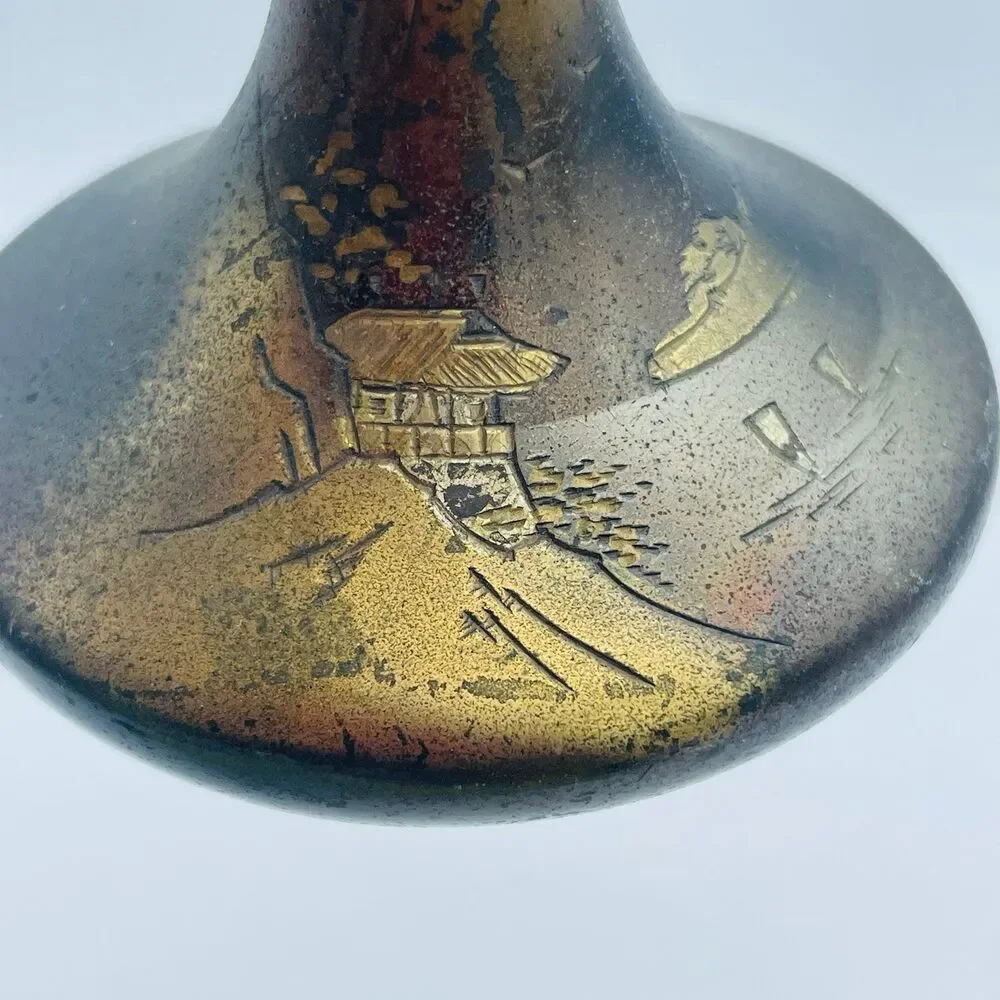Vintage Japanese Bronze Ikebana Flower Vase Heavy Cast Metal Footed Vessel MCM